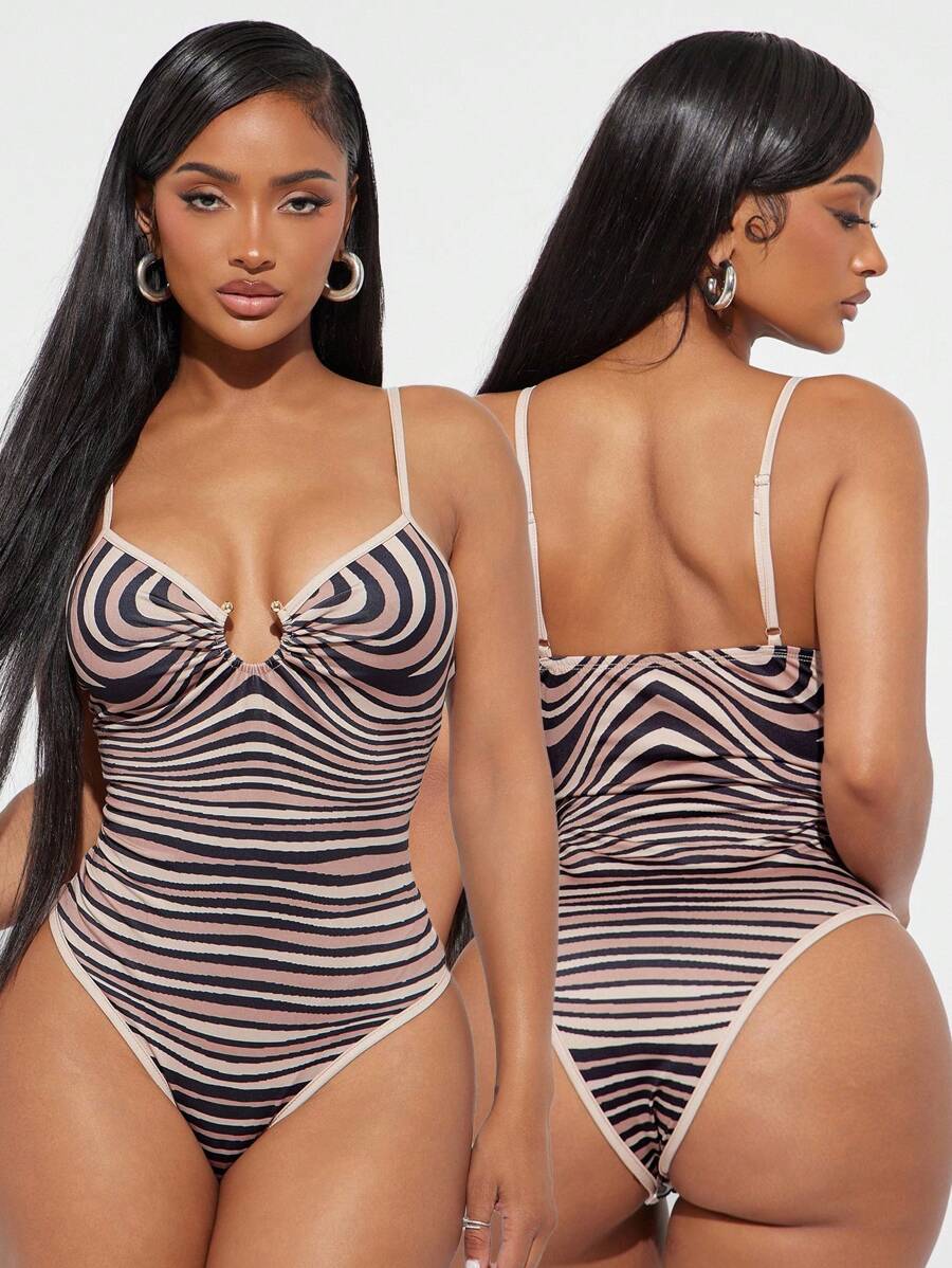 SHEIN SXY Women's Striped Circular Link Sexy Bodysuit, Curve Swimsuit, Bathing Suit Full Coverage - Multicolor - View 1
