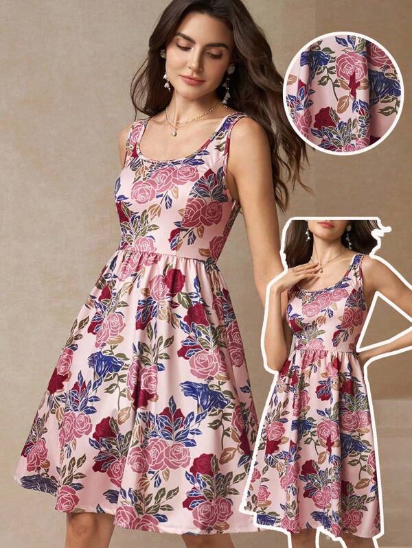 Amorya Vestido de punto de línea A con estampado floral y diseño de chaleco sin mangas para mujeres, ropa de mujer para otoño/invierno, regreso a la escuela, modesta, vintage, ropa de maestra, ropa hermosa para mujeres en el aeropuerto