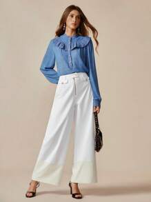 Chiquease Damen Boho Weite Hose, mit metallischen Knöpfen, Reißverschluss-Dekor, kontrastfarbener Saum, geeignet für Frühling & Herbst - Weiss - Übersicht 6