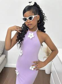 SHEIN Tween Girl Elegant Floral Print Halter Neck Snug Fit Vacation Dress - Mauve Purple - View 7