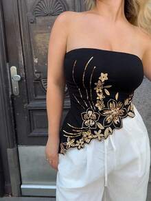 Jeta Ari Y2k Summer Women Going Out Vintage Boho Fashion Vacation Glitter Embroidered Sparkly Sequin Black Asymmetric Hem Embroidered Bandeau Top, Fashion - Black - View 3