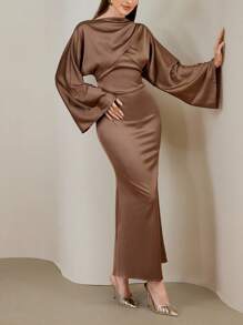 Veilorie Váy đuôi cá tay loe màu trơn thanh lịch dành cho nữ - Màu nâu  Mocha - Xem 3