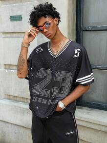 PAVTROS Manfinity Streetrush 男士夏季休闲水钻数字印花短袖 T 恤男士 Y2k 服装黑色 Y2k 衬衫男士水钻衬衫男士图案 T 恤男士黑色短款上衣、嘻哈街头、男友礼物、街头潮流男士 - 彩色 - 查看 6