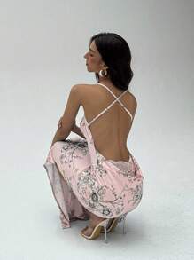 Aloruh 女式优雅性感V领露背蕾丝拼布花卉印花修身长裙 - 淺粉色 - 查看 1