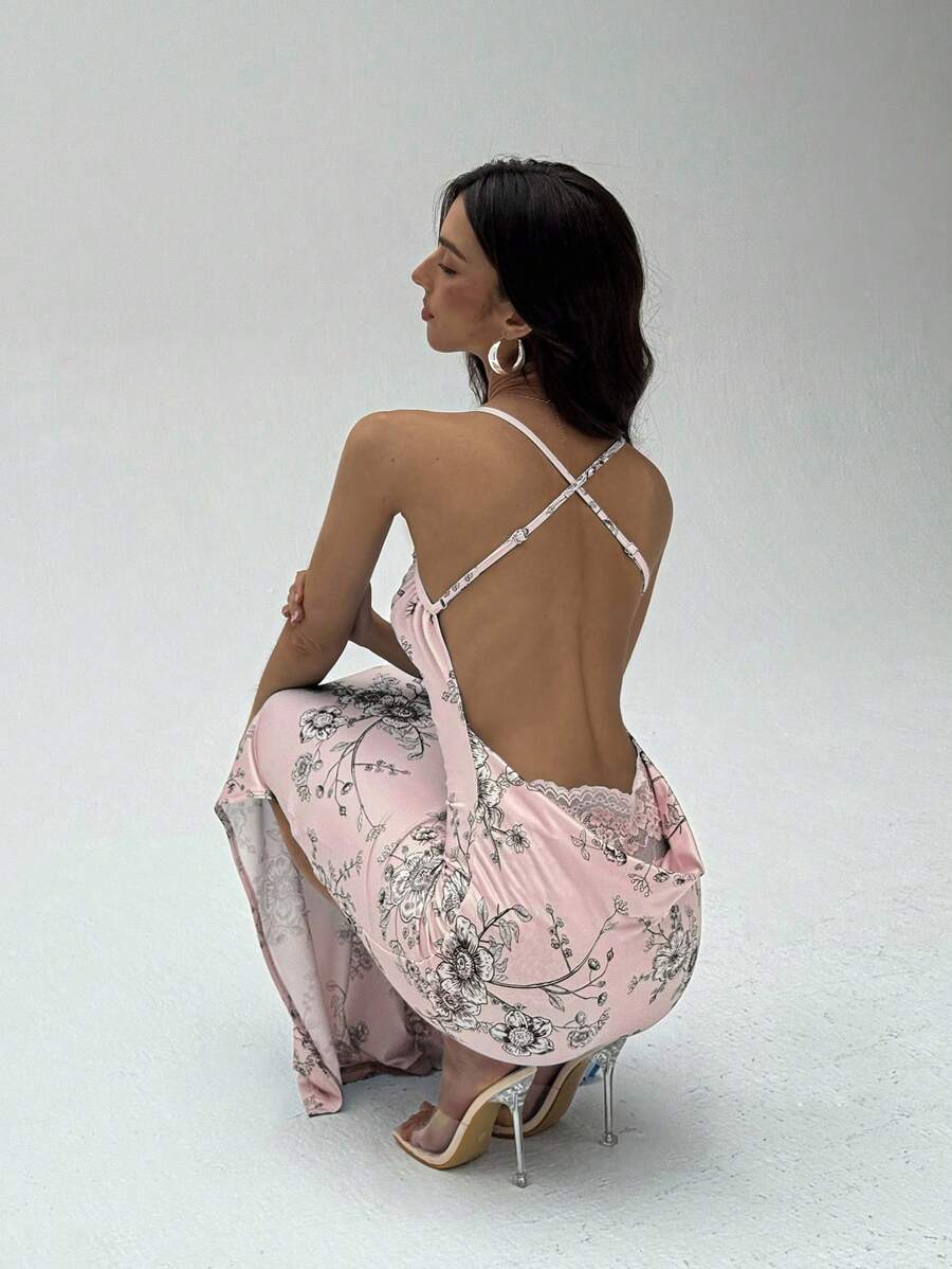 Aloruh 女式优雅性感V领露背蕾丝拼布花卉印花修身长裙 - 淺粉色 - 查看 1