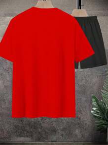 Manfinity Homme Conjunto de camiseta y pantalones cortos casuales con estampado numérico para hombres, conjunto de 2 piezas de verano para hombres en rojo y negro