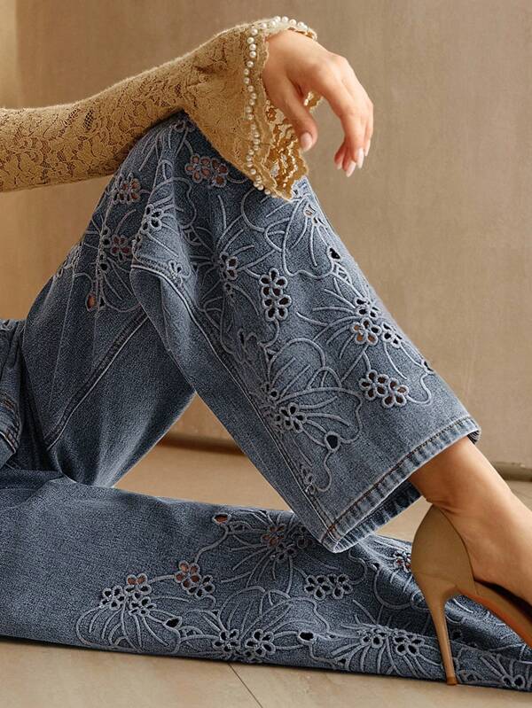 Anewsta Elaire Women's High Waist Fashionable Embroidered Hollow Out Loose Straight Leg Wide Leg Jeans