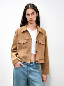 SHEIN LUNE Fashionable Casual Retro Suede Short Jacket, Casual Spring For University Fall - Khaki - View 6