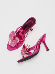 CUCCOO SZL 女士时尚金属紫红色兰花装饰细高跟凉鞋，适合度假和派对 - 玫紅色 - 查看 5