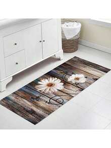 SHEIN 1 件木质花卉印花柔软舒适厨房垫，防水防油入口门垫，易于清洁的床边地垫，适用于客厅、走廊、浴室、洗衣房装饰