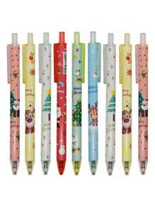 SHEIN 12PCS Cartoon Christmas Gel Pen Retractable Printing Pens Santa Claus Christmas Trees Snowman Elk Black Ink For School Office Boys Girls Back To School - Multicolor - View 1