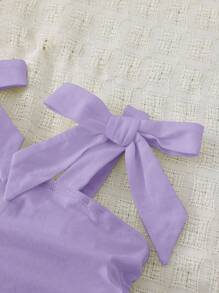 年轻女孩优雅纯色修身甜美蝴蝶结系带肩侧褶吊带背心，妈妈和女儿及姐妹搭配 - 紫色 - 查看 4