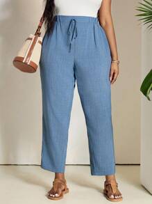 SHEIN PETITE CURVE Plus Size Solid Color Casual Trousers With Elastic Waist And Diagonal Pockets Women Pants Elastic Waist Pants, Suitable For People Of Shorter Stature,Business Casual Woman, Wearable In All Seasons - Dusty Blue - View 3