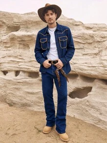 Manfinity Homme 休闲成熟深洗蓝色修身撞色缝线牛仔衬衫，春夏 - 深色水洗藍 - 查看 5