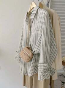 INAWLY 女士标准尺码休闲条纹长袖衬衫，适合外出和度假 - 綠色 - 查看 1