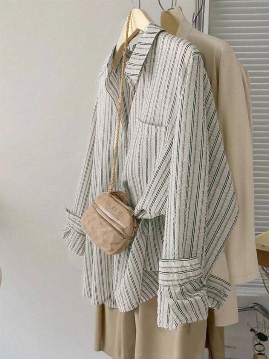 INAWLY 女士标准尺码休闲条纹长袖衬衫，适合外出和度假 - 綠色 - 查看 1