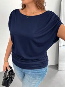 SHEIN Essnce Áo thun ngắn tay dáng ôm thoải mái, rộng rãi, đa năng dành cho nữ cỡ lớn, thời trang xuân hè, kiểu dáng đơn giản, thích hợp mặc đi làm, áo mùa hè kiểu châu Âu, áo đi nhà thờ, áo dành cho giáo viên, áo đi nghỉ mát. - Màu xanh hải quân - Xem 6