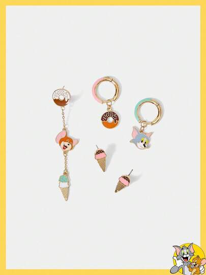TOM & JERRY X SHEIN Cute Cartoon Ice Cream & Donut Decor Earrings