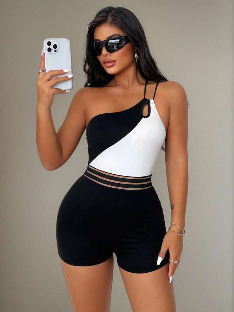 VaVaBold Women's Summer Color Block Asymmetrical Neck Hollow