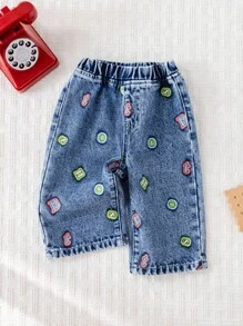 Cozy Pixies 婴幼儿男女款松紧腰休闲牛仔字母印花阔腿裤，舒适百搭，秋冬 - 藍色 - 查看 6