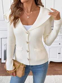 EMERY ROSE Casual Solid Color Knit Cardigan, Autumn/Winter - White - View 4