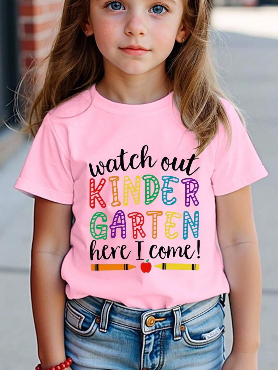 SHEIN 年轻女孩休闲时尚舒适简约可爱卡通返校字母印花短袖 T 恤，夏季 - 粉色 - 查看 1