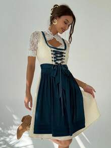 Aloruh 2025 新款啤酒节连衣裙巴伐利亚啤酒节传统服装绿色女式连衣裙蕾丝连衣裙啤酒节连衣裙女式波尔卡圆点印花拼布花卉刺绣网眼下摆无袖优雅连衣裙 - 藍色 - 查看 7