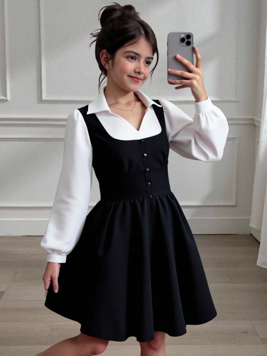 SHEIN Explorewe Girls' Preppy Style Vest 2 In 1 Casual Dress, Sweet & Elegant Waist Cinched Back To School Outfit Fall Winter - Black - View 1