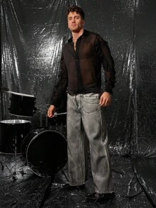 FeverCity 男士翻领半透明性感长袖衬衫 - 黑色 - 查看 5