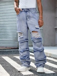 Manfinity EMRG 男士浅洗蓝色膝盖破洞牛仔裤，春夏 - 淺色水洗藍 - 查看 4