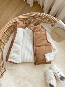 SHEIN Newborn Baby Girl Cute Casual Camel Color Thermal Lined  Jacket, Suitable For Autumn/Winter Baby Vest Toddler Vest Neutral Baby Clothes Baby Winter Clothes Brown Baby Vest Fall