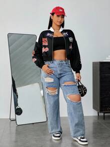 SHEIN EZwear 大码女式彩色块字母印花短款夹克 - 黑與白 - 查看 5