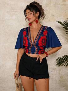 Travachic 大码花卉印花短款衬衫，休闲度假装 - 藏蓝色 - 查看 3