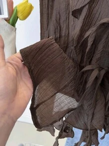INAWLY Plus Size V-Neck Pleated Ruffle Tie Front Blouse Fall Cloth For Women - Coffee Brown - View 8