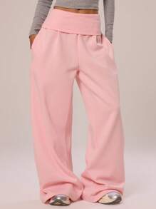 MUSERA Extreme Wide Leg Fold Over Waist Sweatpants Airport Casual Summer   Winter   Pants Joggers Lounge - Pink - View 3