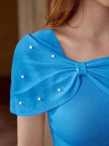 MOTF PREMIUM 仿珍珠细节褶饰针织上衣 - 藍色 - 查看 6