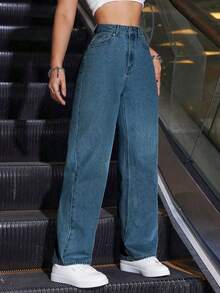 SHEIN ICON Jeans rectos de cintura alta lavados de manera casual - Azul - Ver 4