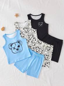 小男孩简约时尚蓝/黑/白熊印花无袖背心和三角裤内衣套装 - 彩色 - 查看 3