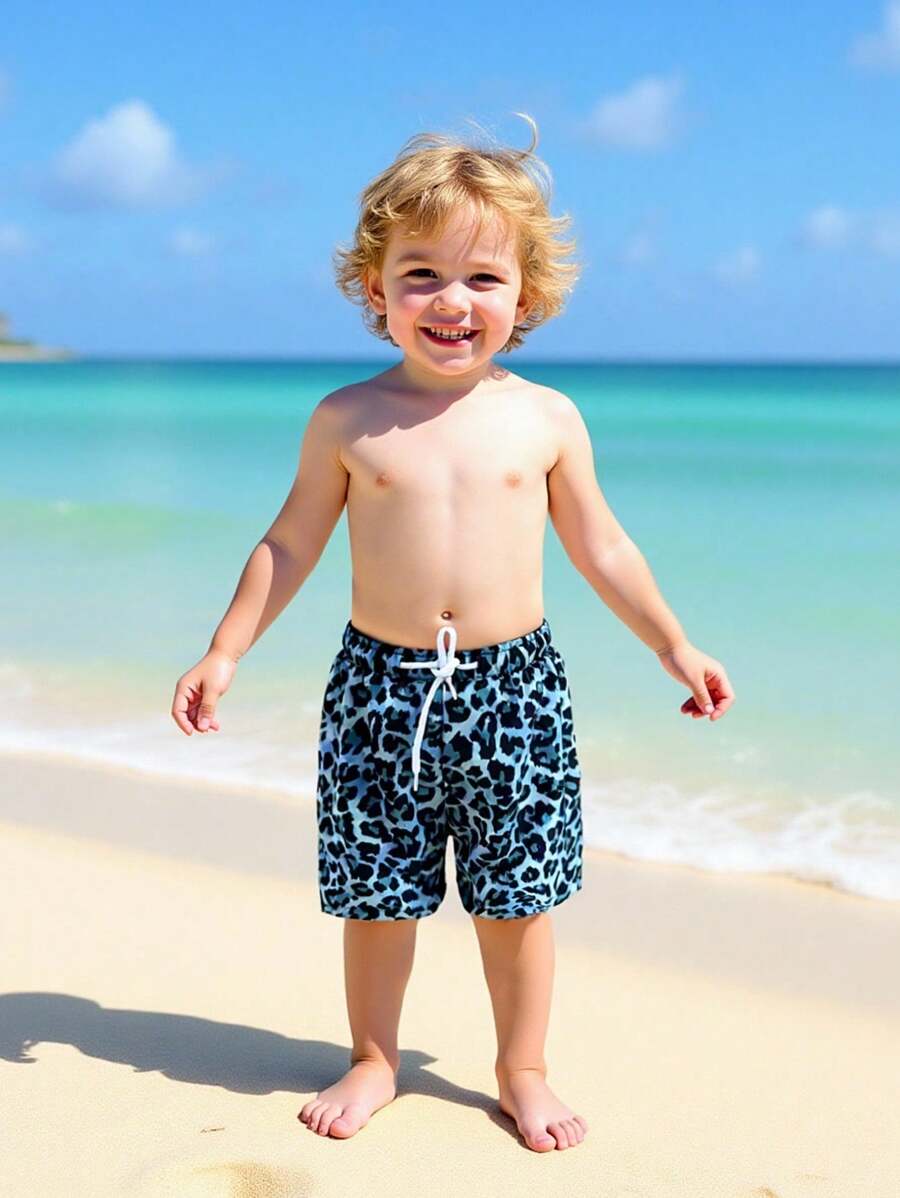 男童经典豹纹沙滩泳装，适合泳池派对、海滩度假、冲浪
