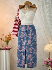 SHEIN MOD 大码女式碎花口袋开衩休闲牛仔裙，秋季，返校季，复古甜美粉玫瑰印花开衩长款牛仔裙，度假女装，优雅女裙，商务休闲，乡村音乐会，返校季，教师，节日，老钱风格女装，早午餐，高贵典雅，端庄铅笔裙，秋季 - 中等水洗藍 - 查看 6