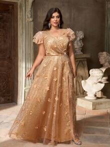 Aureia Plus Size Elegant Romantic Khaki Deep V Neck Ruffle Flutter Sleeve Luxury Sequins Patchwork A-Line Evening Gown, Formal Maxi Dress - Khaki - View 7