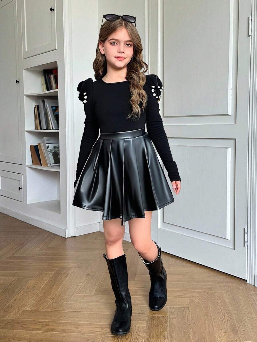 Firerie Kids Firerie Kids Tween Girl Autumn/Winter Fashionable & Elegant Pearl Beaded Puff Sleeve T-Shirt And Pleated PU Skirt 2 Pieces Set, Black