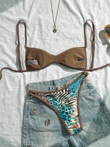 Swim Vcay Random Print Wireless Adjustable Strap Top & Shorts Women Summer Beach Holiday Bikini Set - Multicolor - View 2