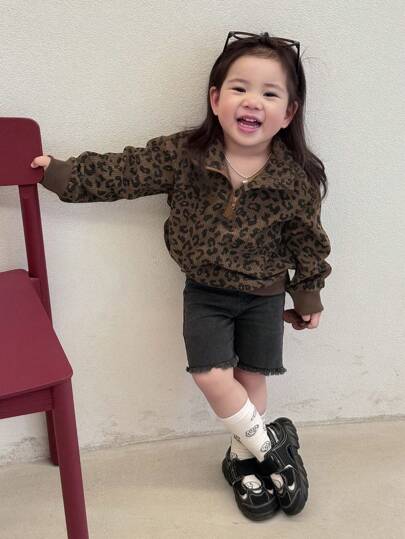 DAZY 女婴豹纹长袖休闲连帽衫，幼儿秋装