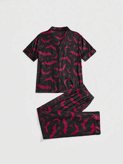 Goth Conjunto de pijama casual de camisa, cárdigan y pantalones con estampado de murciélago y cruz góticos