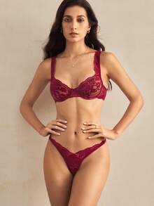 SHEIN Set de lencería con encaje floral con aro - Burdeos - Ver 5