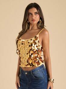 SHEIN BAE 女士纯色亮片优雅时尚吊带背心 - 金色 - 查看 5