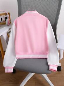 女童拼色短款棒球夹克，带补丁，秋季运动外套 - 粉色 - 查看 2