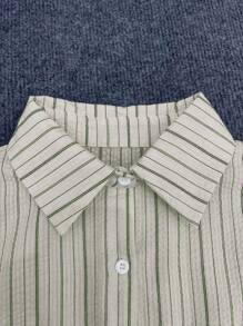 INAWLY 女士标准尺码休闲条纹长袖衬衫，适合外出和度假 - 綠色 - 查看 4