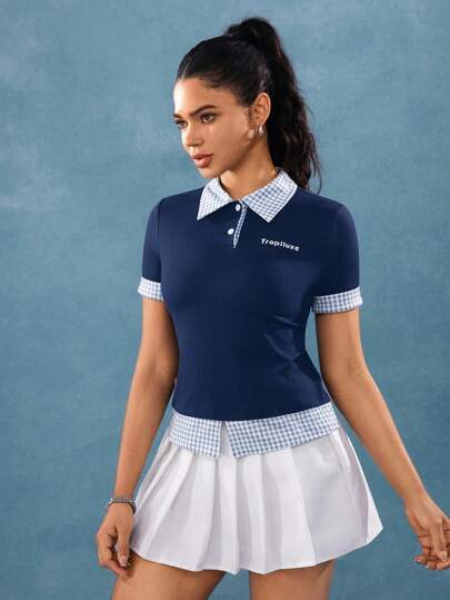 Hanevo Camiseta de manga corta con cuello polo, estilo moderno urbano, con estampado de cuadros, parches y letras, de estilo universitario europeo y americano, para mujer